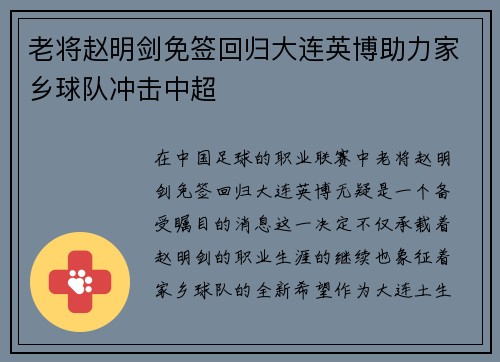 老将赵明剑免签回归大连英博助力家乡球队冲击中超